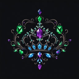 A mystical dark jewelry logo showcasing intricate and elegant designs of various gemstones, in deep and rich hues like emerald green, royal blue, and amethyst purple