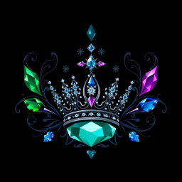A mystical dark jewelry logo showcasing intricate and elegant designs of various gemstones, in deep and rich hues like emerald green, royal blue, and amethyst purple