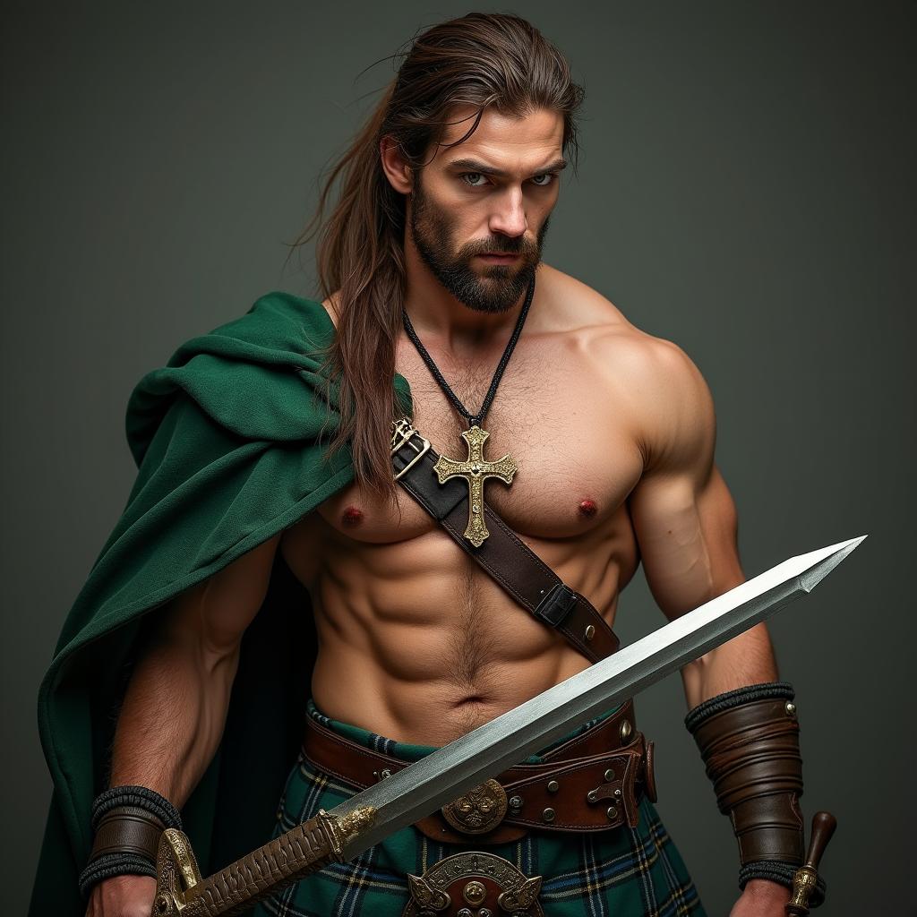 A strikingly handsome highlander man with a well-defined muscular chest, dramatically pulling a gleaming sword from its scabbard