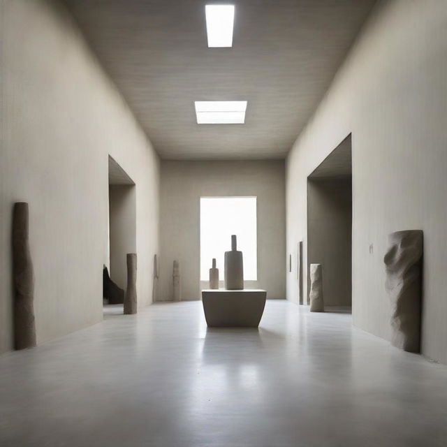 An extraordinary, extra-large avant-garde gallery heightened in its abstract dimensionality. Its polished concrete walls dramatically expand the room's scale, with a beach-inspired floor, sand sculptures, and tiny silhouettes engrossed in the artwork. The scene is pushed to the extreme with striking architectural photography.