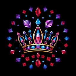 A mystical jewelry logo featuring a stunning array of red, blue, and purple gemstones, each intricately cut and sparkling with brilliance