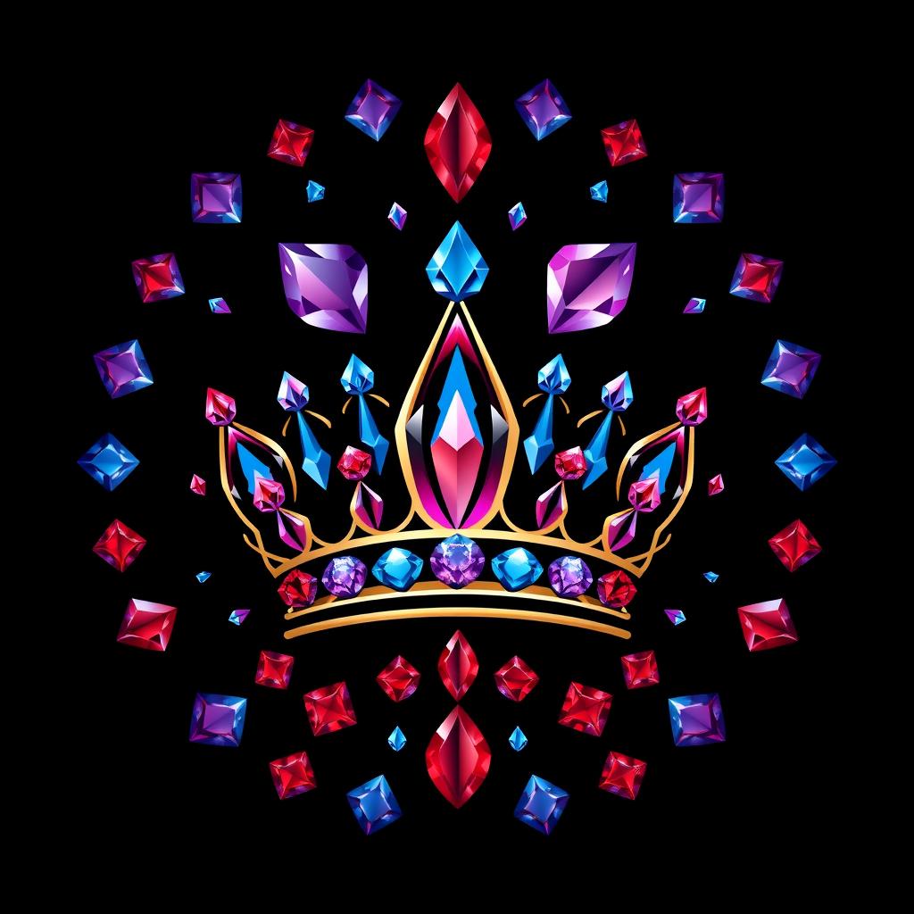 A mystical jewelry logo featuring a stunning array of red, blue, and purple gemstones, each intricately cut and sparkling with brilliance
