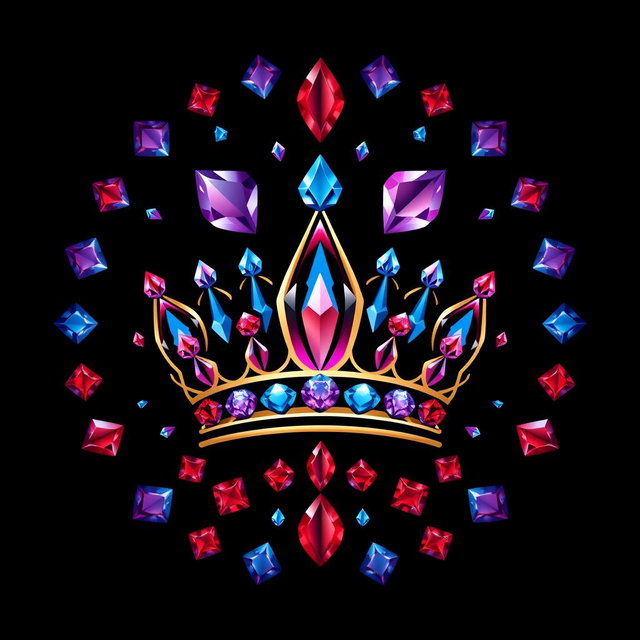 A mystical jewelry logo featuring a stunning array of red, blue, and purple gemstones, each intricately cut and sparkling with brilliance
