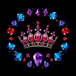 A mystical jewelry logo featuring a stunning array of red, blue, and purple gemstones, each intricately cut and sparkling with brilliance