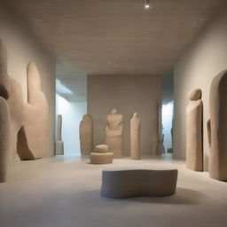 At the heart of an extra-large, uber-avant-garde gallery stands a monumental sand sculpture, the centre of everyone's attention. Polished concrete walls dramatically amplify the space, complemented by a beach-inspired floor. Tiny silhouettes, absorbed by the artwork, and powerful architectural photography add depth to the scene.