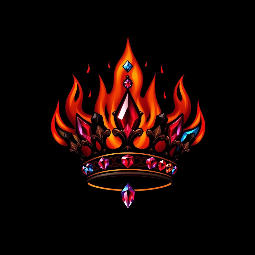 A dark logo featuring flames intertwined with red, blue, and purple jewels, showcasing an ornate crown