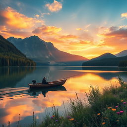 A serene landscape featuring a tranquil lake surrounded by lush green forests and majestic mountains in the background