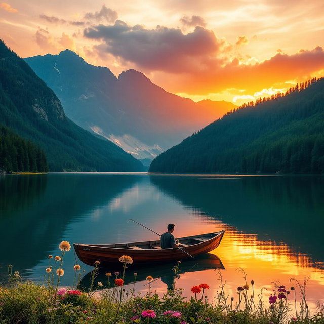 A serene landscape featuring a tranquil lake surrounded by lush green forests and majestic mountains in the background