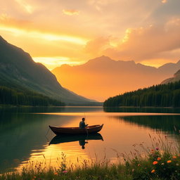 A serene landscape featuring a tranquil lake surrounded by lush green forests and majestic mountains in the background