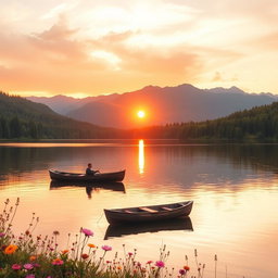 A serene landscape featuring a tranquil lake surrounded by lush green forests and majestic mountains in the background