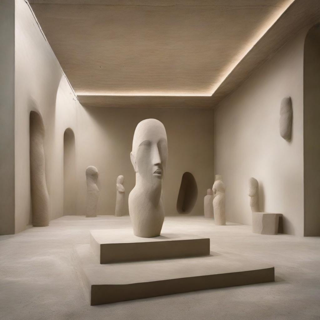 At the heart of an extra-large, uber-avant-garde gallery stands a monumental sand sculpture, the centre of everyone's attention. Polished concrete walls dramatically amplify the space, complemented by a beach-inspired floor. Tiny silhouettes, absorbed by the artwork, and powerful architectural photography add depth to the scene.