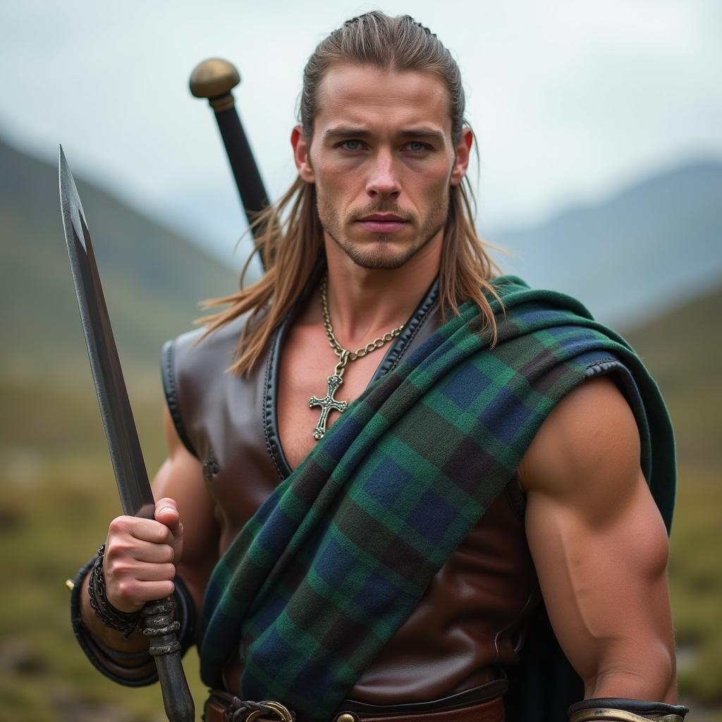 A brawny young handsome Highlander man with an athletic build, showcasing his muscled chest