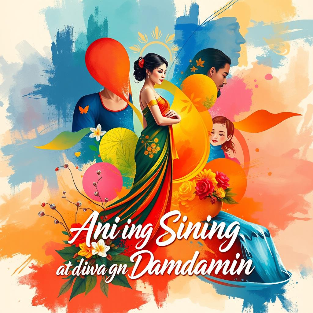 A vibrant and expressive poster reflecting the beauty of art and the essence of emotions, featuring iconic Filipino symbols such as a graceful woman in traditional clothing surrounded by colorful abstract shapes representing various emotions