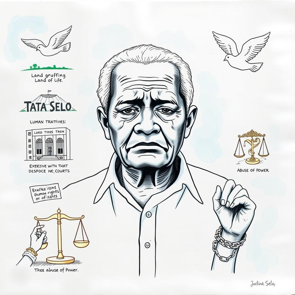 A large drawing of Tata Selo in the center of a bond paper, depicting a sad yet determined expression