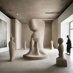 At the heart of an extra-large, uber-avant-garde gallery stands a monumental sand sculpture, the centre of everyone's attention. Polished concrete walls dramatically amplify the space, complemented by a beach-inspired floor. Tiny silhouettes, absorbed by the artwork, and powerful architectural photography add depth to the scene.