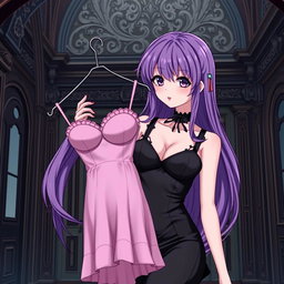 A gothic anime girl with long, flowing purple hair wearing a stunning black dress that elegantly enhances her curves