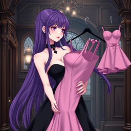 A gothic anime girl with long, flowing purple hair wearing a stunning black dress that elegantly enhances her curves