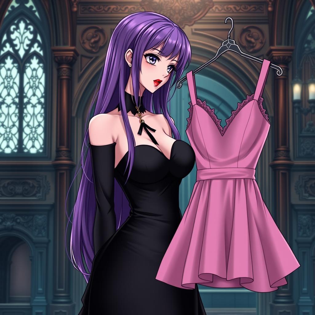 A gothic anime girl with long, flowing purple hair wearing a stunning black dress that elegantly enhances her curves