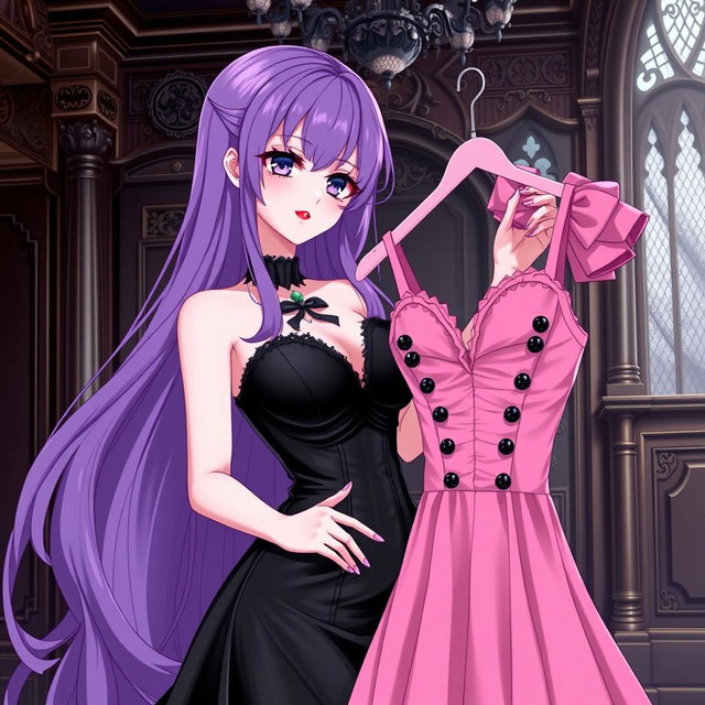 A gothic anime girl with long, flowing purple hair wearing a stunning black dress that elegantly enhances her curves