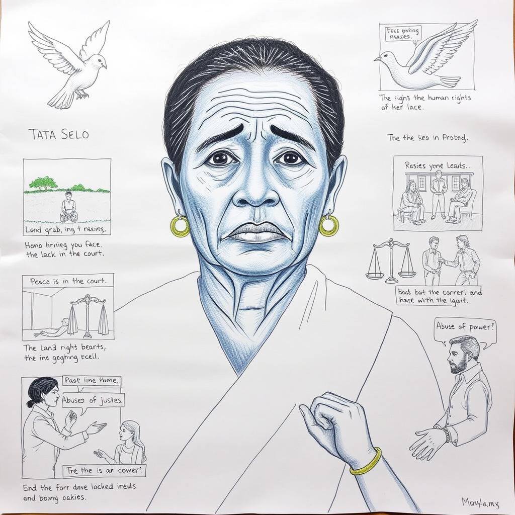 A large drawing of Tata Selo in the center of the bond paper, displaying a sad yet strong expression