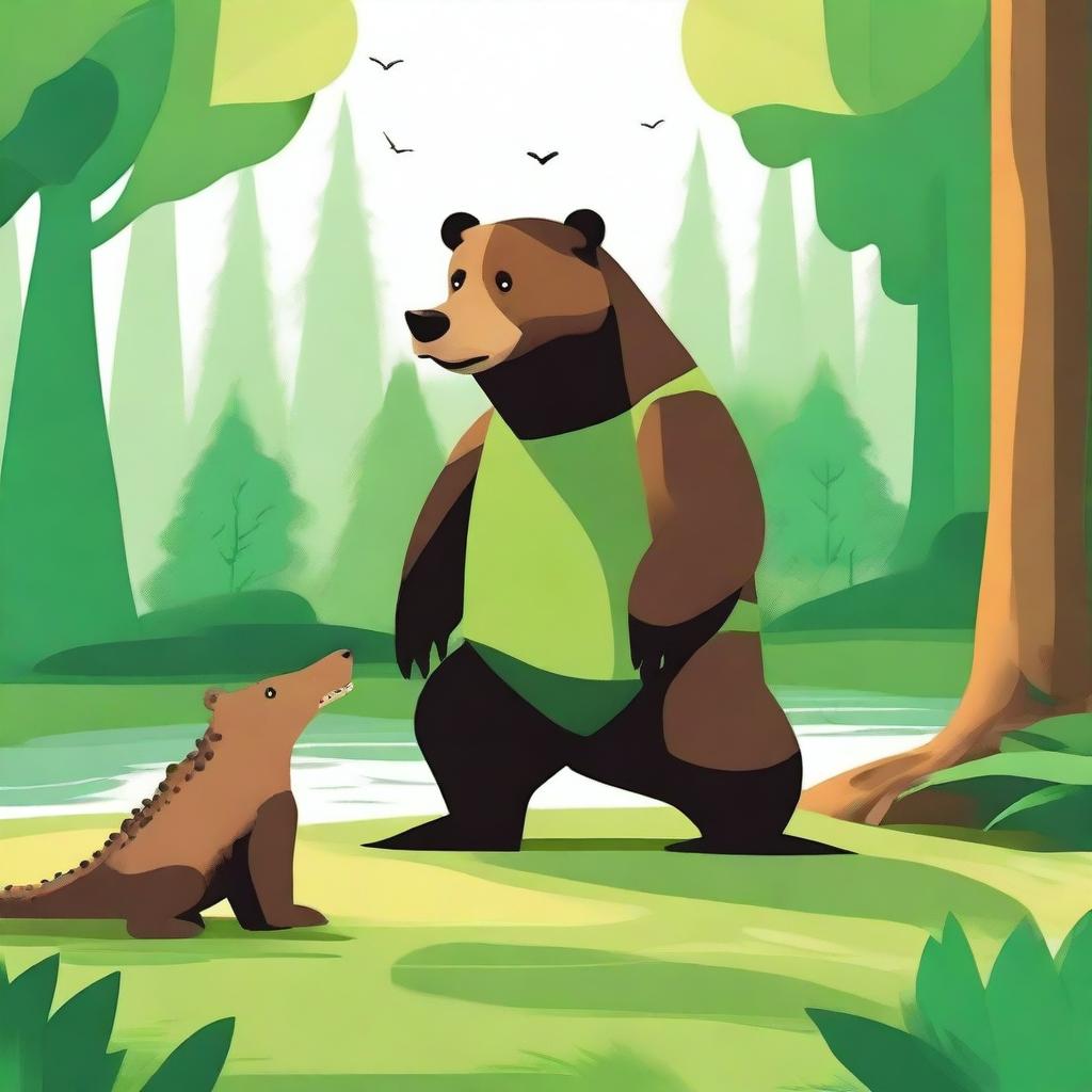 A high-quality digital art piece showcasing a bear and a crocodile