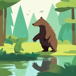 A high-quality digital art piece showcasing a bear and a crocodile