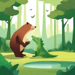 A high-quality digital art piece showcasing a bear and a crocodile