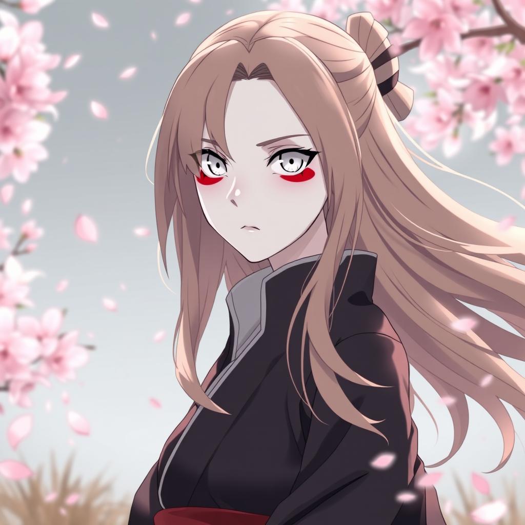 A female Naruto character inspired by the Otsutsuki clan, featuring long light brown hair flowing elegantly, white eyes resembling the Byakugan that have a mysterious allure