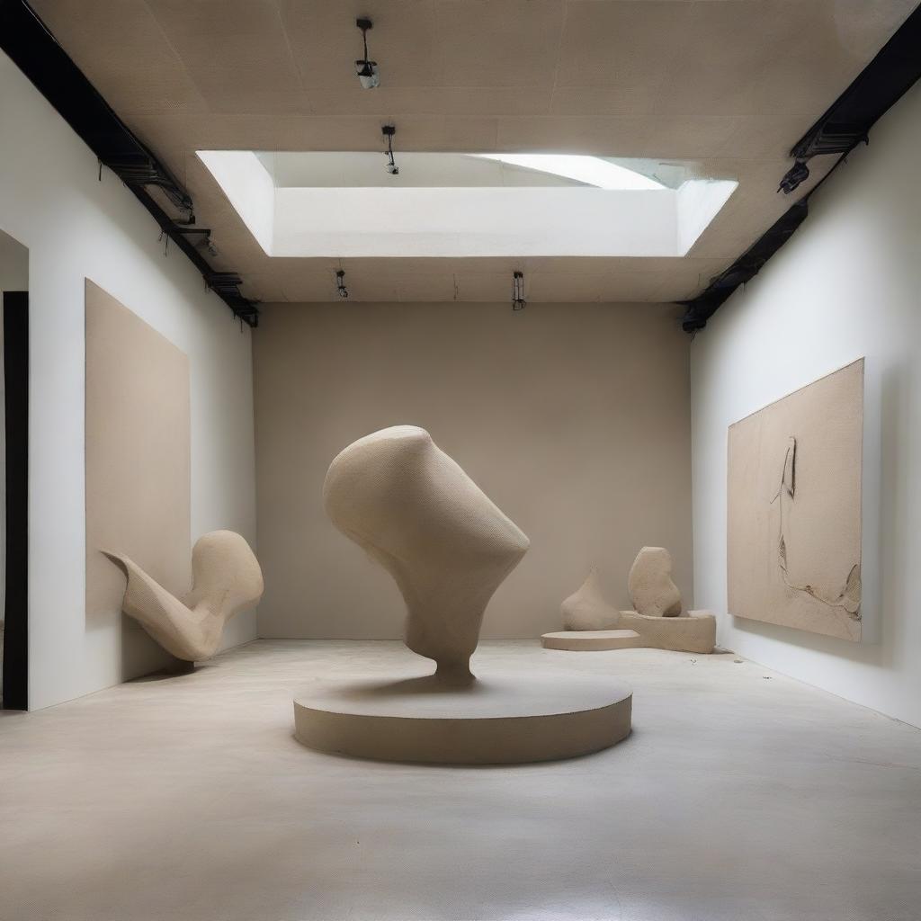 At the heart of an extra-large, uber-avant-garde gallery stands a monumental sand sculpture, the centre of everyone's attention. Polished concrete walls dramatically amplify the space, complemented by a beach-inspired floor. Tiny silhouettes, absorbed by the artwork, and powerful architectural photography add depth to the scene.