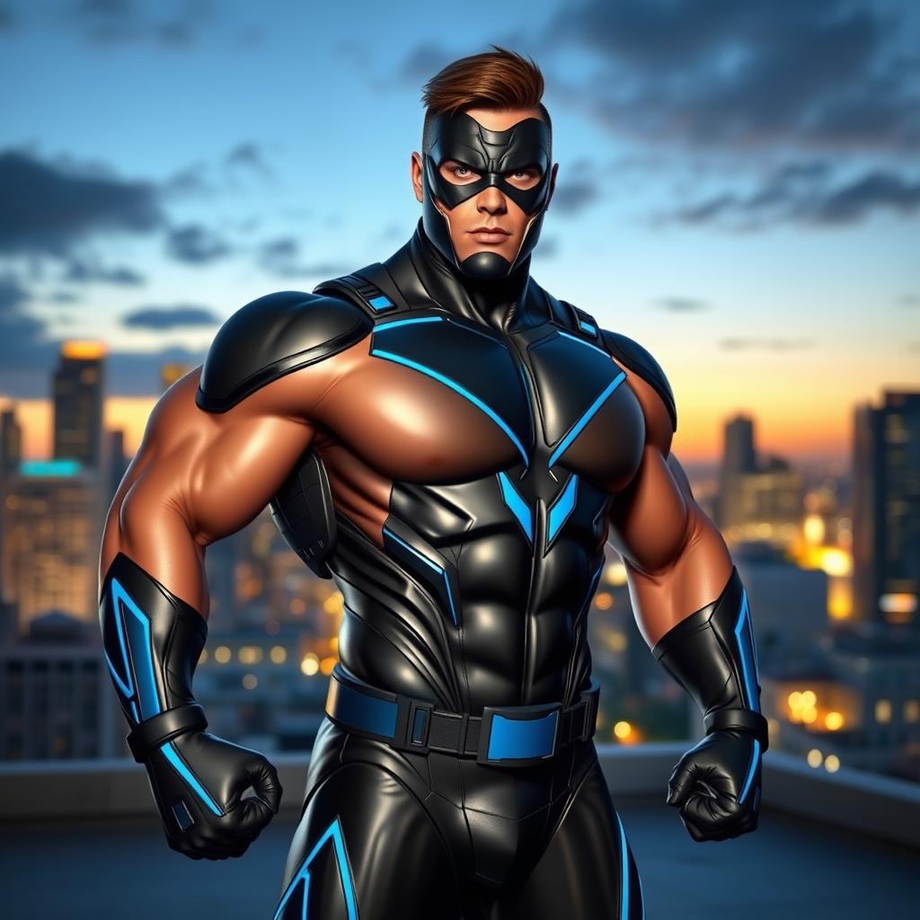 A superhero character inspired by the facial features of a specific individual, showcasing a muscular physique, wearing a sleek and dynamic superhero costume
