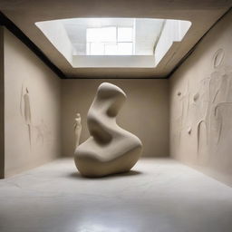 In the center of an extraordinarily large avant-garde gallery is a magnificent sand sculpture serving as the main attraction. The polished concrete walls and beach-inspired floor amplify the grandeur of this space. Tiny silhouettes admire the surrounding art, captured in distinct architectural photography.