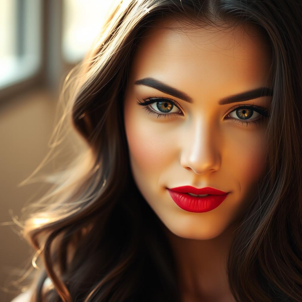 A close-up portrait of a confident young woman with striking features
