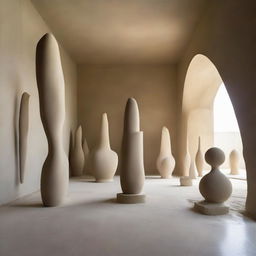 In the center of an extraordinarily large avant-garde gallery is a magnificent sand sculpture serving as the main attraction. The polished concrete walls and beach-inspired floor amplify the grandeur of this space. Tiny silhouettes admire the surrounding art, captured in distinct architectural photography.