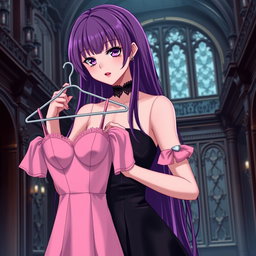 A gothic anime girl with striking long purple hair, elegantly dressed in a beautiful black gown that enhances her figure