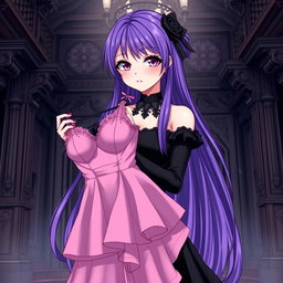 A gothic anime girl with striking long purple hair, elegantly dressed in a beautiful black gown that enhances her figure