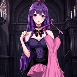 A gothic anime girl with striking long purple hair, elegantly dressed in a beautiful black gown that enhances her figure