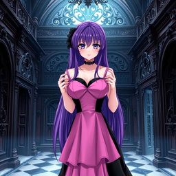 A gothic anime girl with striking long purple hair, elegantly dressed in a beautiful black gown that enhances her figure