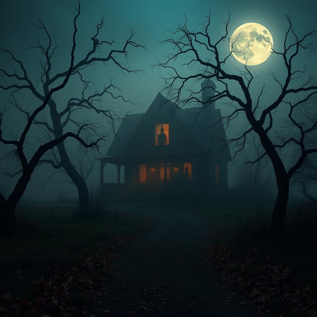 A haunting and eerie landscape at twilight, featuring a dilapidated haunted house shrouded in fog