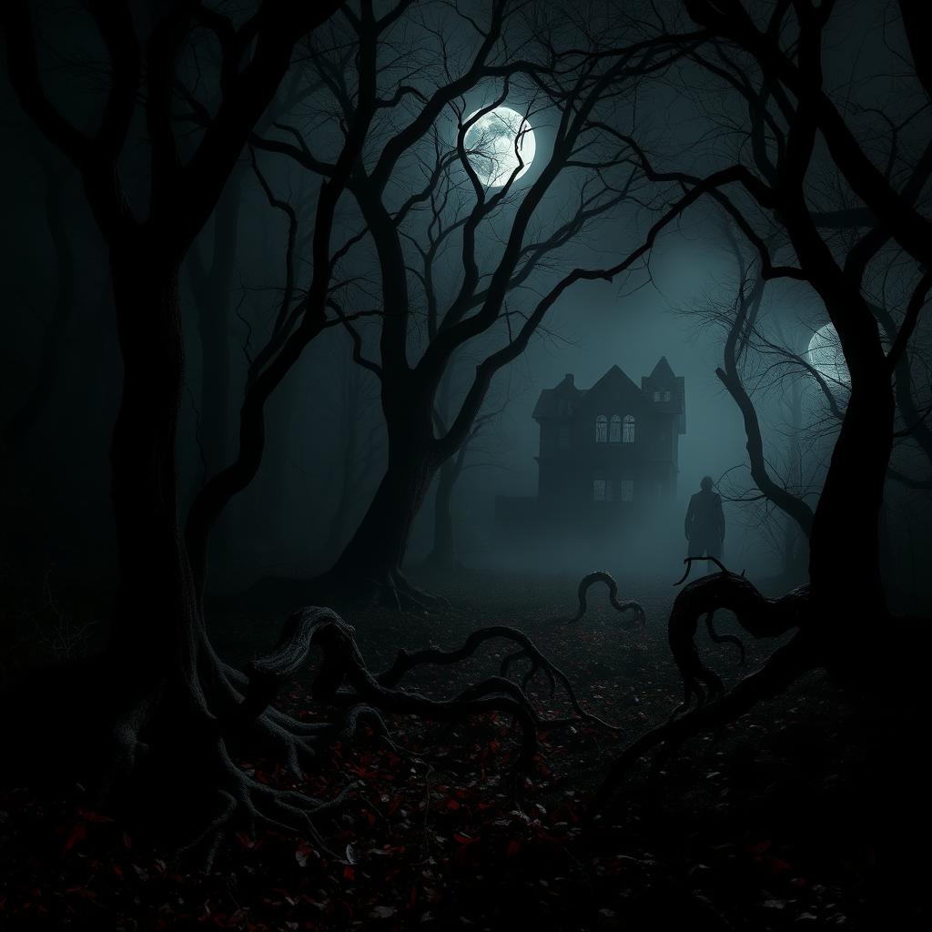 A dark, eerie forest at night, shrouded in thick fog while pale moonlight filters through twisted branches