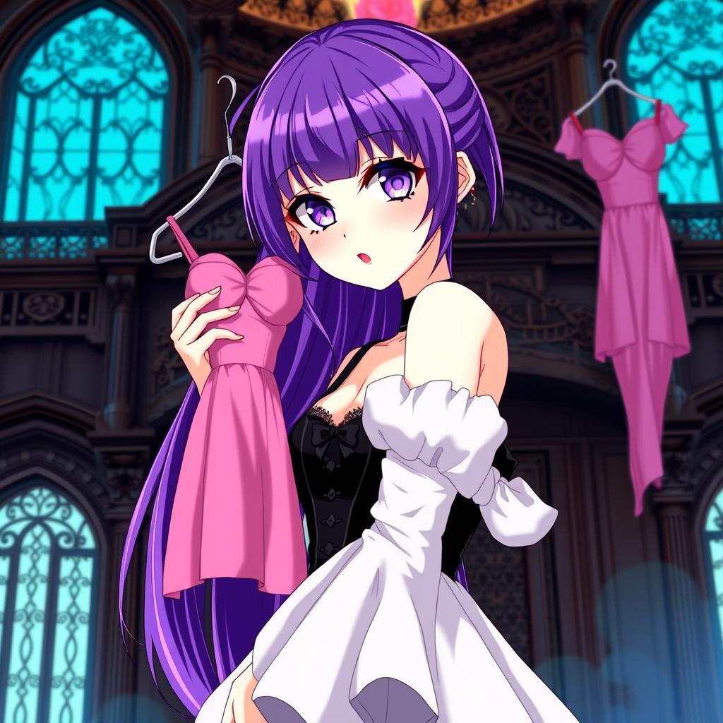 A gothic anime girl with long, vibrant purple hair, elegantly dressed in a beautiful black gown featuring delicate white sleeves that add contrast and sophistication