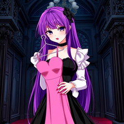 A gothic anime girl with long, vibrant purple hair, elegantly dressed in a beautiful black gown featuring delicate white sleeves that add contrast and sophistication