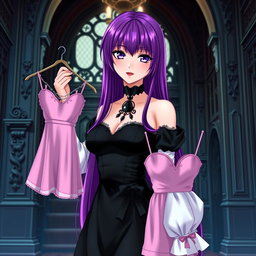 A gothic anime girl with long, vibrant purple hair, elegantly dressed in a beautiful black gown featuring delicate white sleeves that add contrast and sophistication