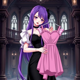 A gothic anime girl with long, vibrant purple hair, elegantly dressed in a beautiful black gown featuring delicate white sleeves that add contrast and sophistication