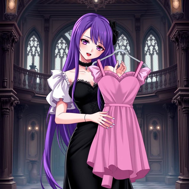 A gothic anime girl with long, vibrant purple hair, elegantly dressed in a beautiful black gown featuring delicate white sleeves that add contrast and sophistication