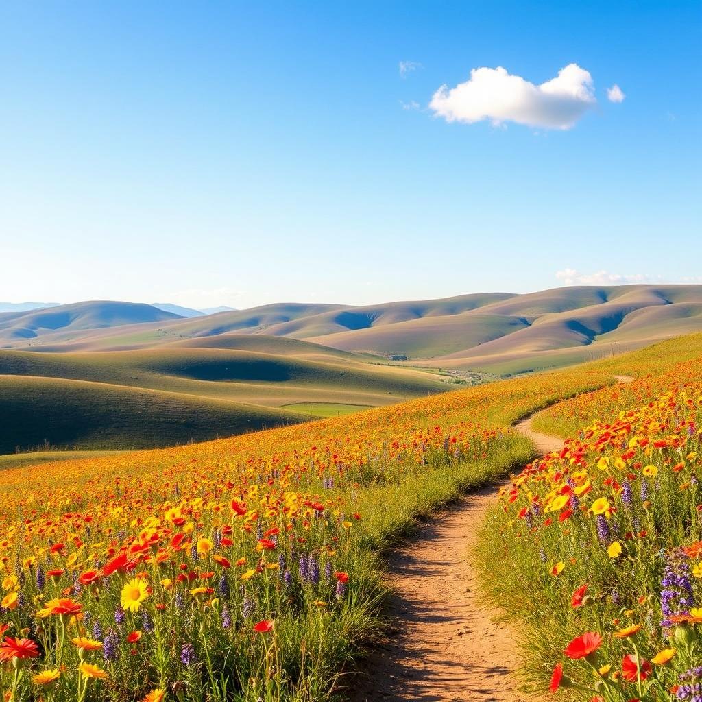A stunning and serene landscape featuring a vast field of vibrant wildflowers under a clear blue sky, with gentle rolling hills in the background