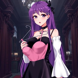 A gothic anime girl with long, vibrant purple hair, elegantly dressed in a stunning black gown featuring beautiful white sleeves that add a touch of contrast