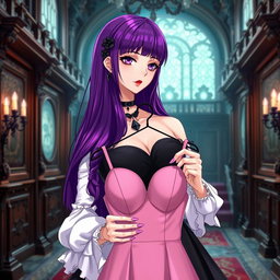 A gothic anime girl with long, vibrant purple hair, elegantly dressed in a stunning black gown featuring beautiful white sleeves that add a touch of contrast