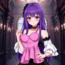 A gothic anime girl with long, vibrant purple hair, elegantly dressed in a stunning black gown featuring beautiful white sleeves that add a touch of contrast