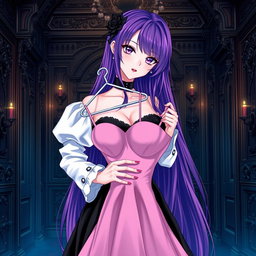 A gothic anime girl with long, vibrant purple hair, elegantly dressed in a stunning black gown featuring beautiful white sleeves that add a touch of contrast