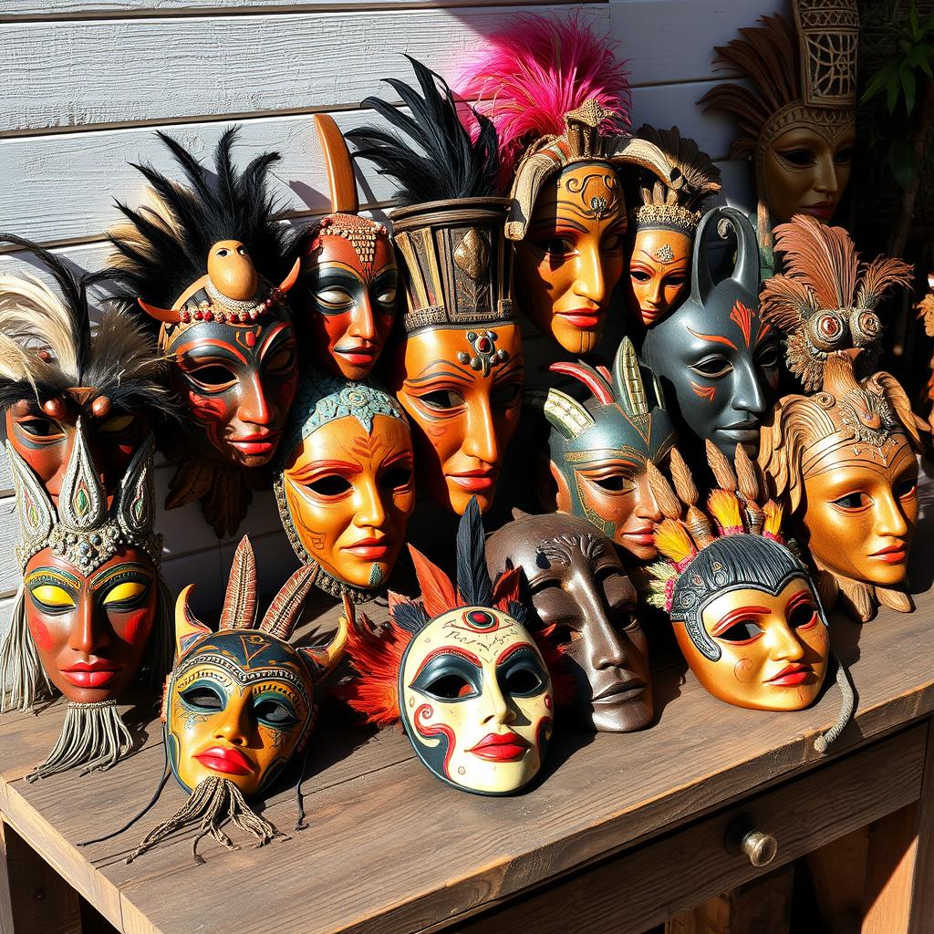 A collection of beautifully designed and intricately crafted masks displayed on a rustic wooden table